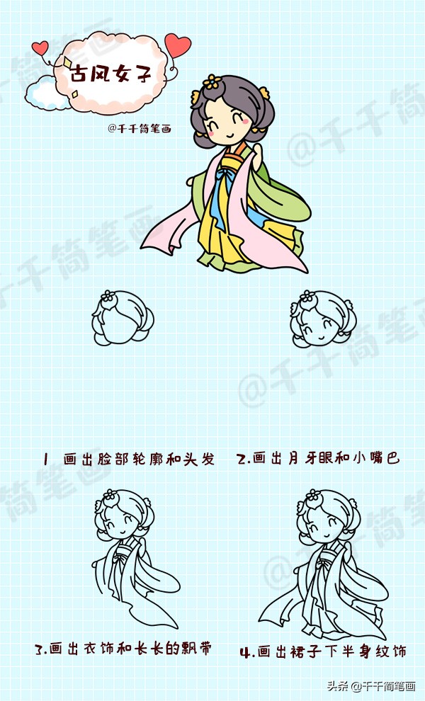 仙气古风汉服素材手抄报,q版汉服小姑娘手绘