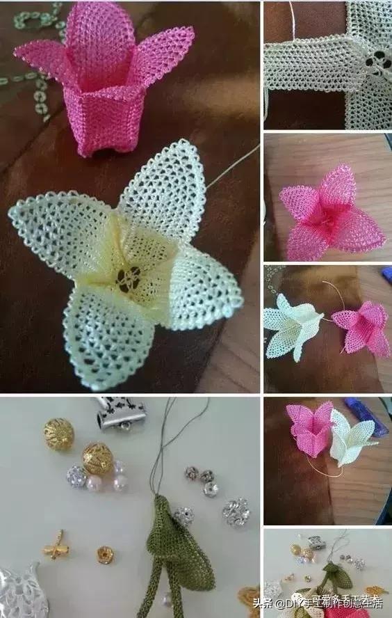 只是用针穿上了线不断绕圈打结,做出来的仿真花竟然比钩的还好看