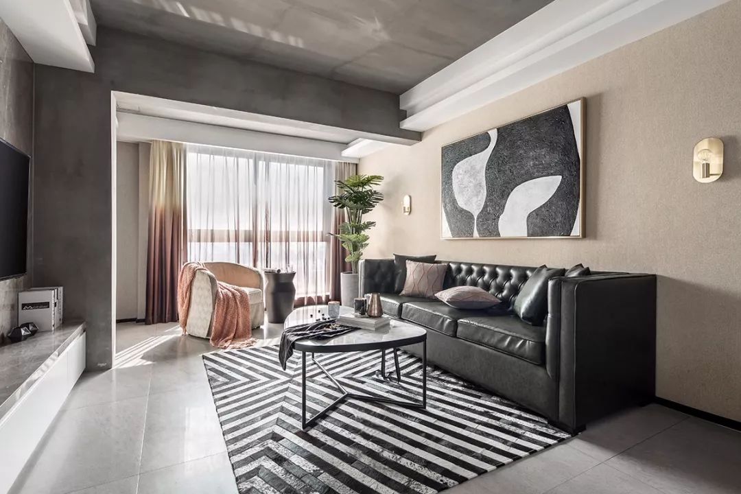 客厅大面积地砖深灰色铺贴效果图,客厅地砖简约铺贴图