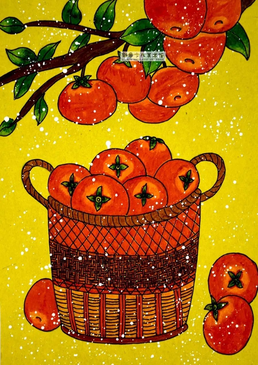 儿童水墨画篮子里的柿子,儿童绘画一篮子柿子作品