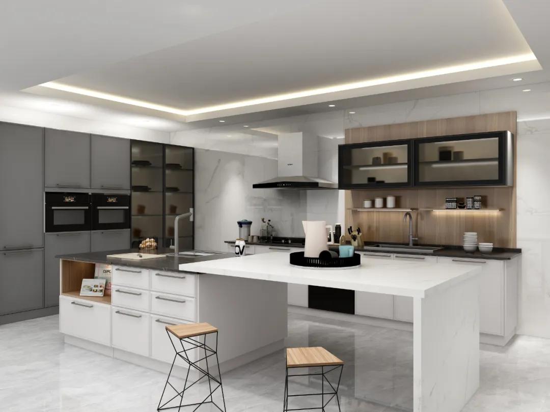 厨房直角吧台和推拉门一体效果图,厨房吧台极简设计效果图最新款