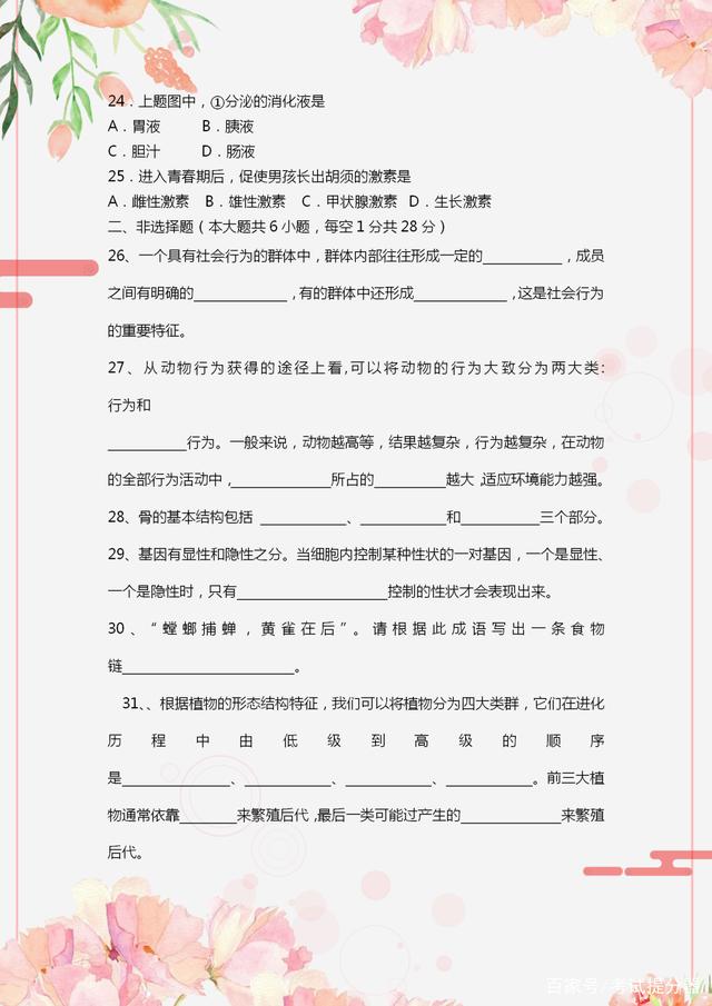 初中生物会考真题练习,2021初中生物会考模拟卷子及答案