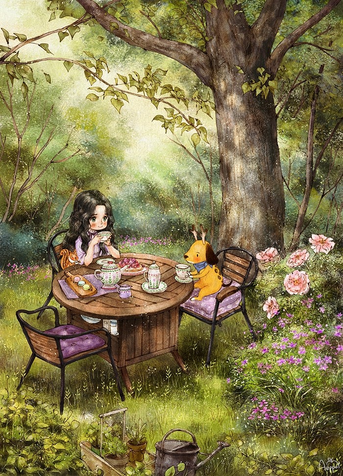 韩国插画师森林女孩日记图文,水彩插画森林女孩日记