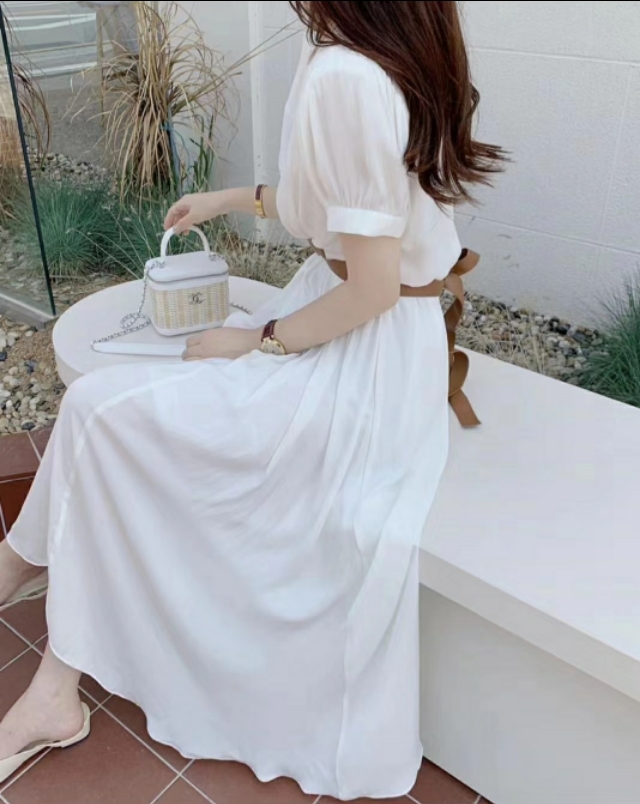 小个子偏瘦韩版气质夏季拼接裙,夏季v领黄色宽松韩版裙