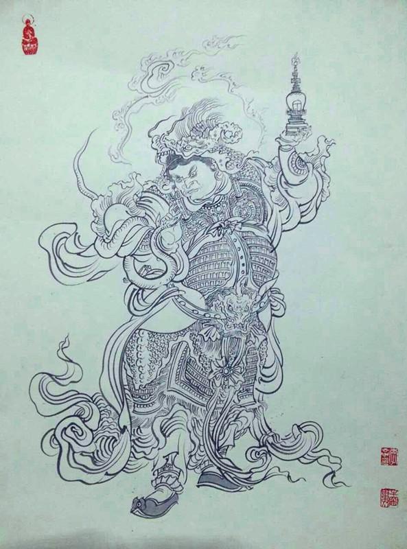 李云中四大天王白描高清图片,佛教四大天王工笔重彩