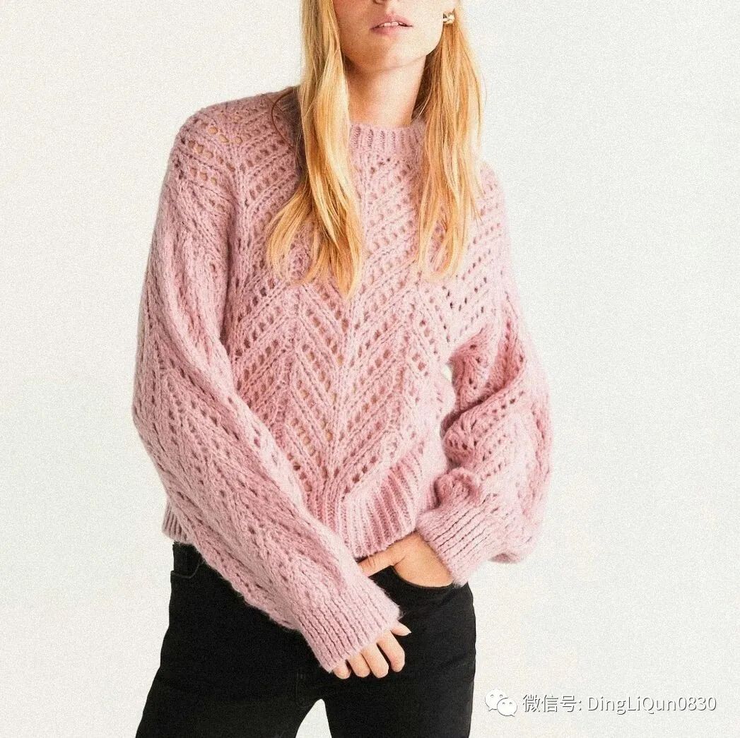 棒针套头针织羊毛衫,镂空羊毛套头衫