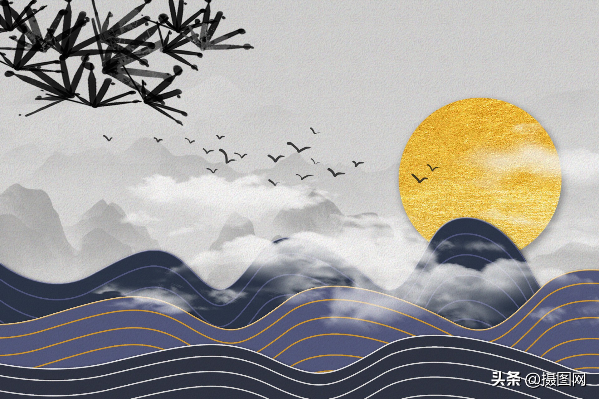 国潮风手绘山水设计素材图文,手绘国潮山水素材背景