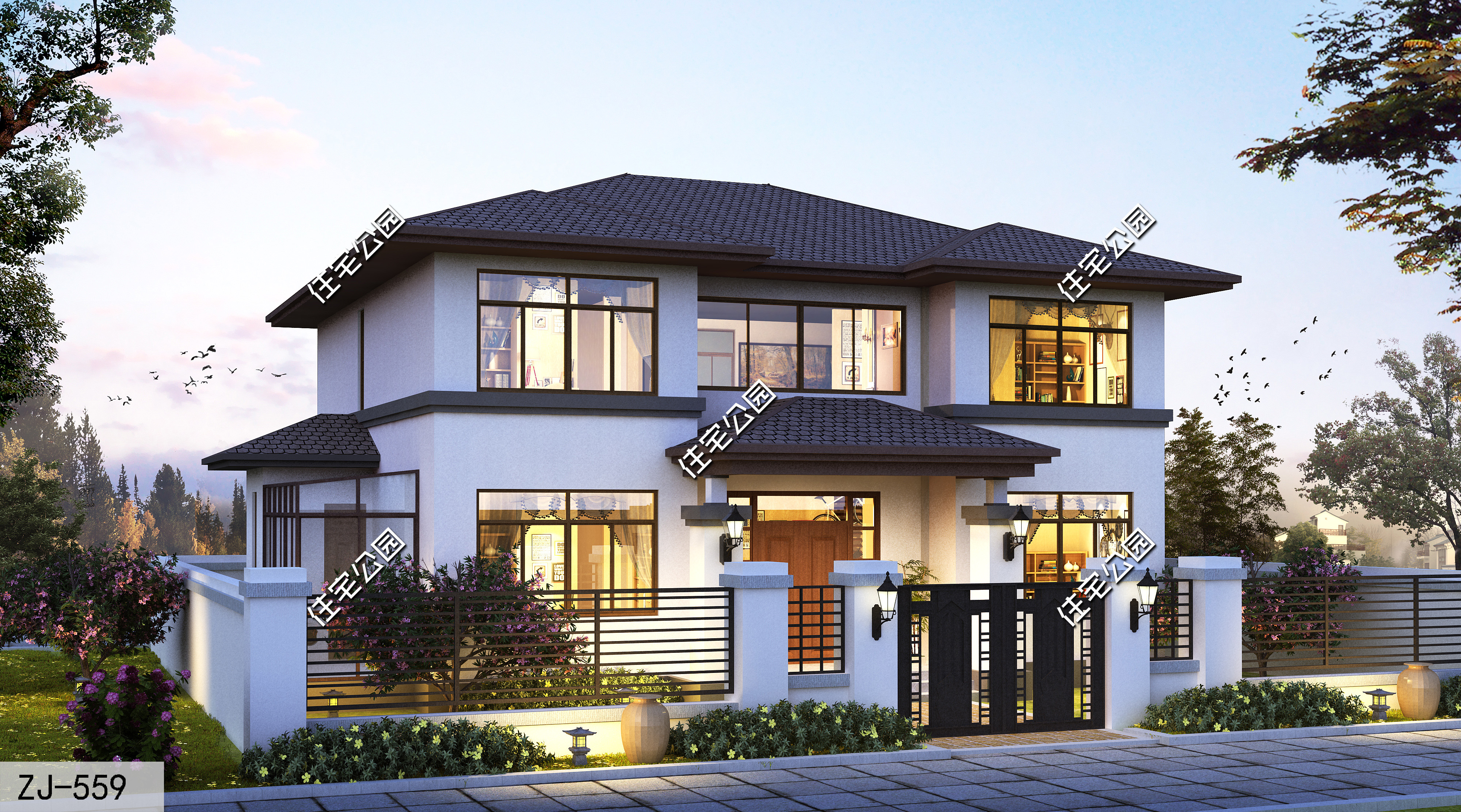 农村自建房二层对称小别墅外观图,开间12.8进深9.9二层别墅怎么设计