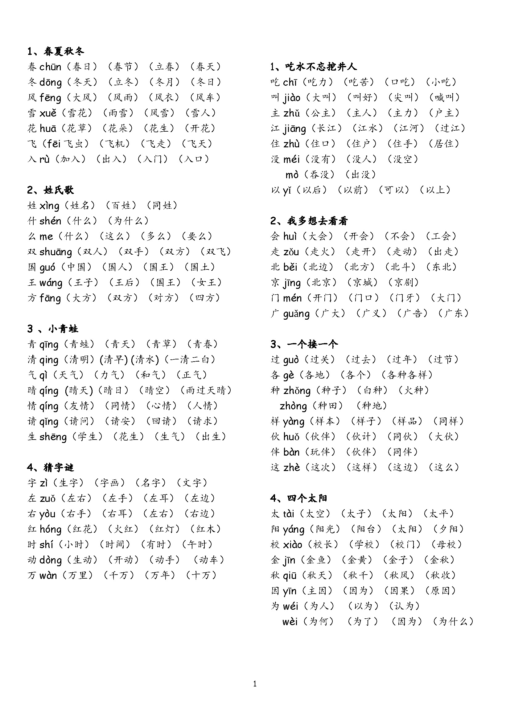 一年级下册认字表和生字表组词,一年级下册第11课彩虹生字组词