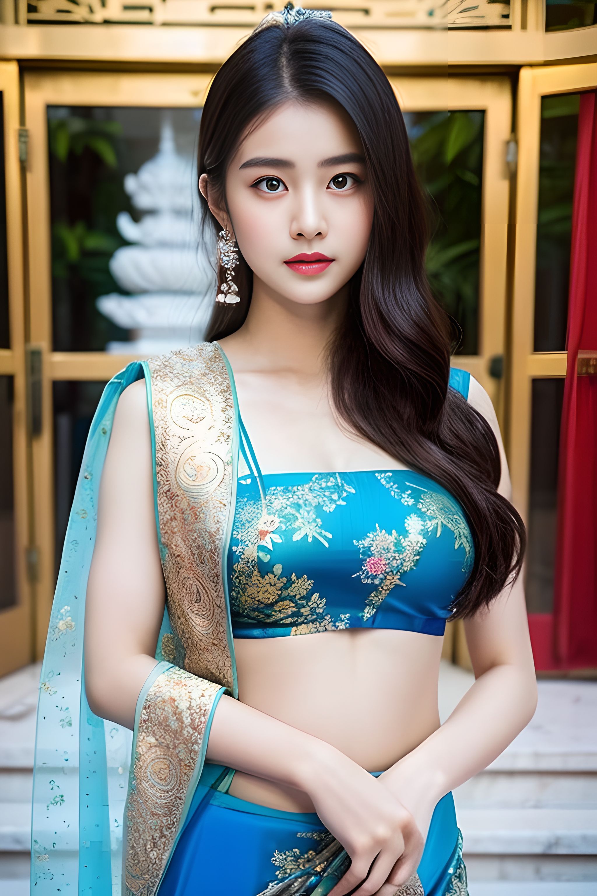 一袭青衣薄纱轻盈灵动,纱丽的穿衣搭配