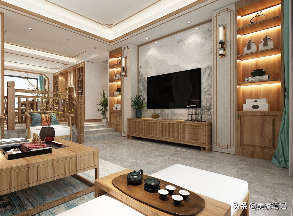 别墅新中式原木色禅意茶室背景,新中式原木色禅意风格装修效果图