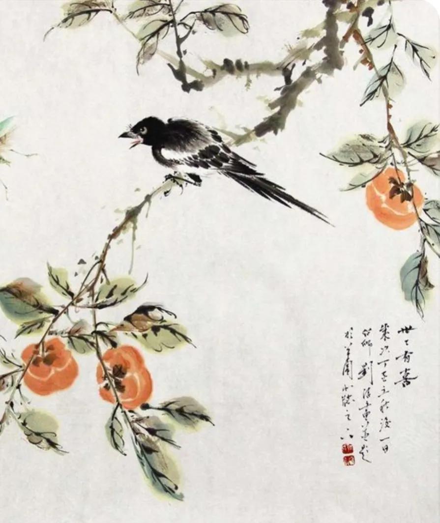 柿子喜鹊国画寓意,喜鹊柿子画寓意