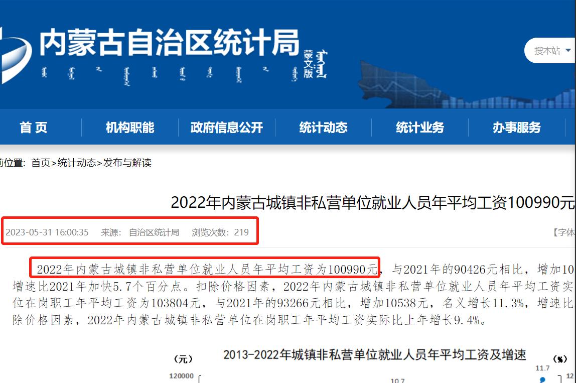2022年内蒙古平均工资发布,2023年内蒙古平均工资