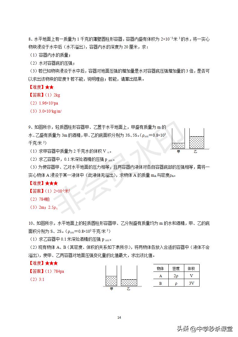 八下物理固体的压强计算,初中固体压强计算题型总结