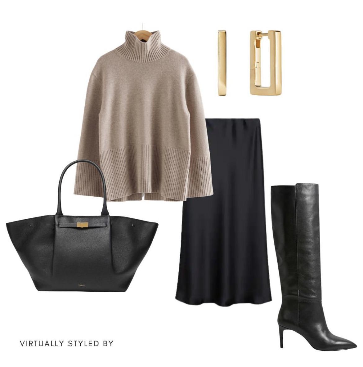 一款常规款半裙的多种风格搭配,灰色绸缎半裙搭配什么颜色上衣