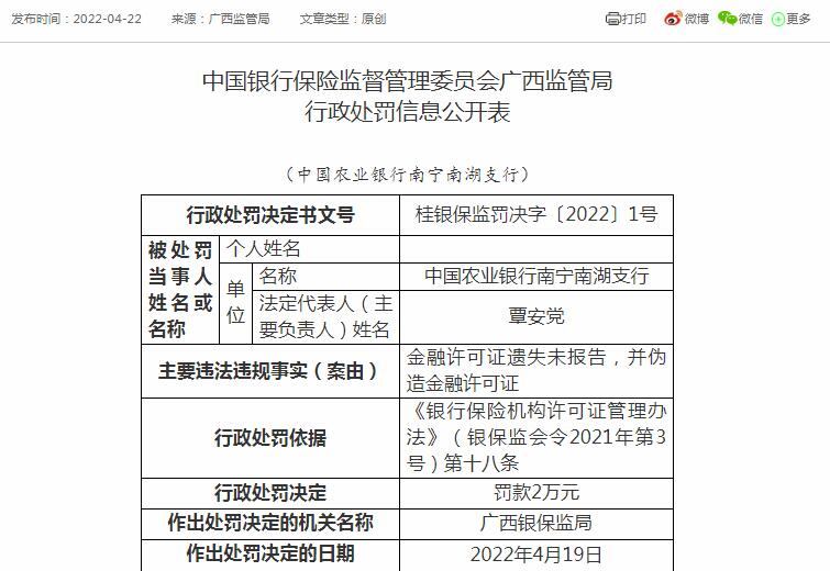 农业银行南宁一支行遗失金融许可证,不仅不报备并转身办了个*证假**