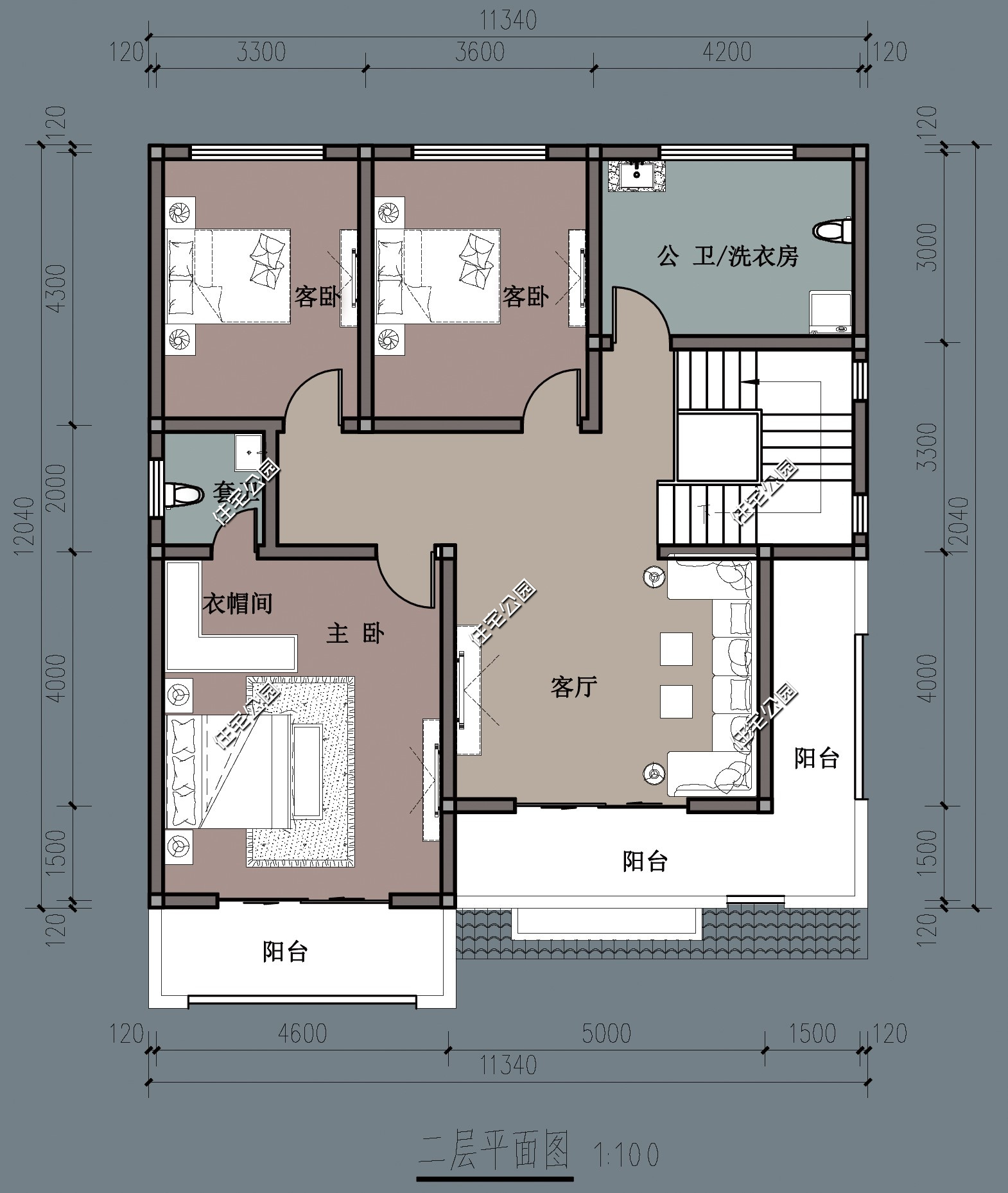 农村简单大气的二层别墅户型,11.5米x11米二层半现代别墅平面图