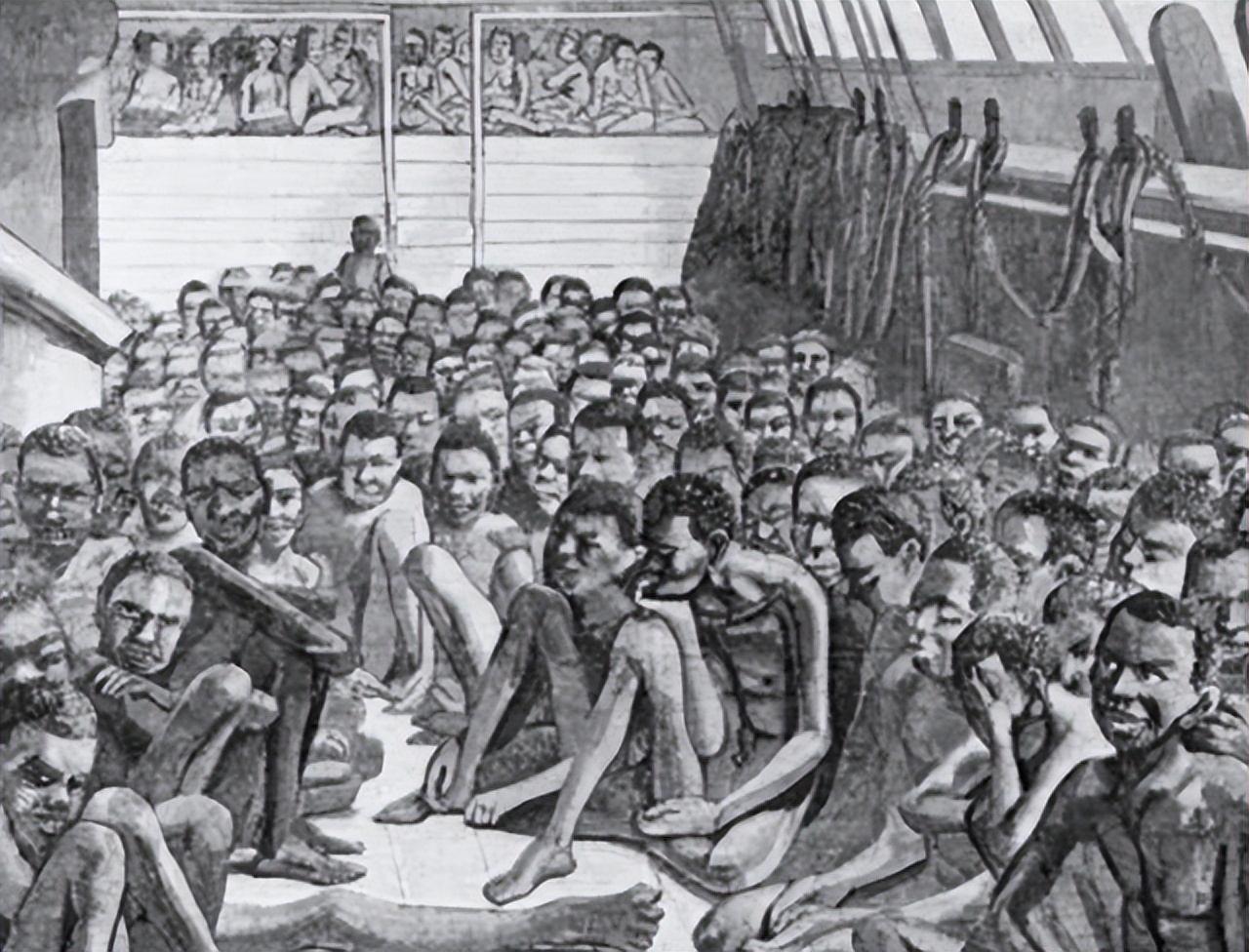 黑奴船上的悲惨生活：男性被关进船舱，女性在甲板上不断发出惨叫