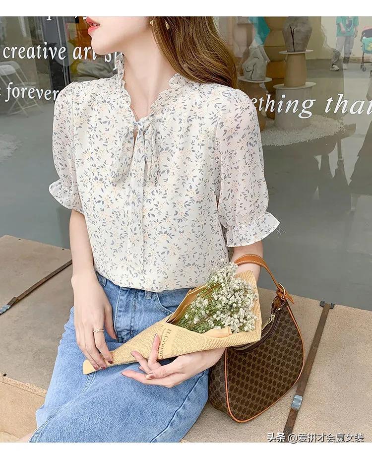 减龄雪纺短袖衬衫女款2022款时尚,雪纺夏装衬衫女设计感小众洋气