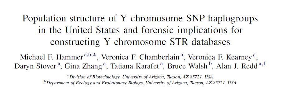 美国白人、黑人、印第安裔、西班牙裔、亚裔的父系Y类型构成