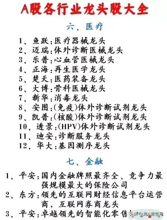 最新行业龙头股票一览表,最新行业龙头股附表