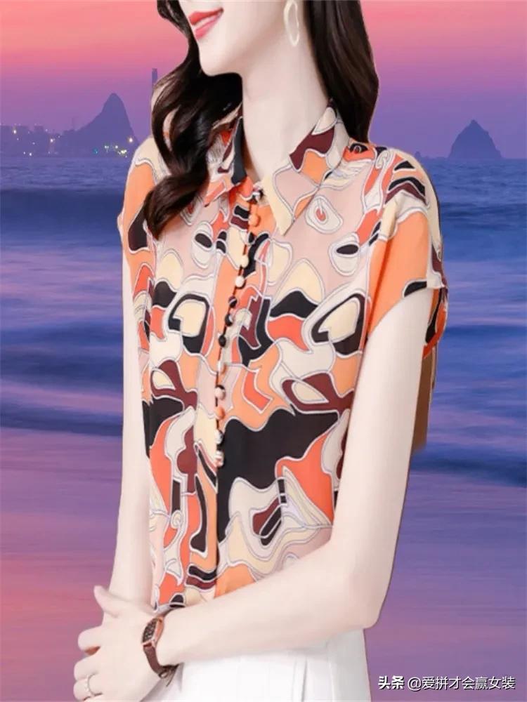 夏季新款桑蚕丝薄款短袖衬衫中年,桑蚕丝衬衫女款高档小碎花