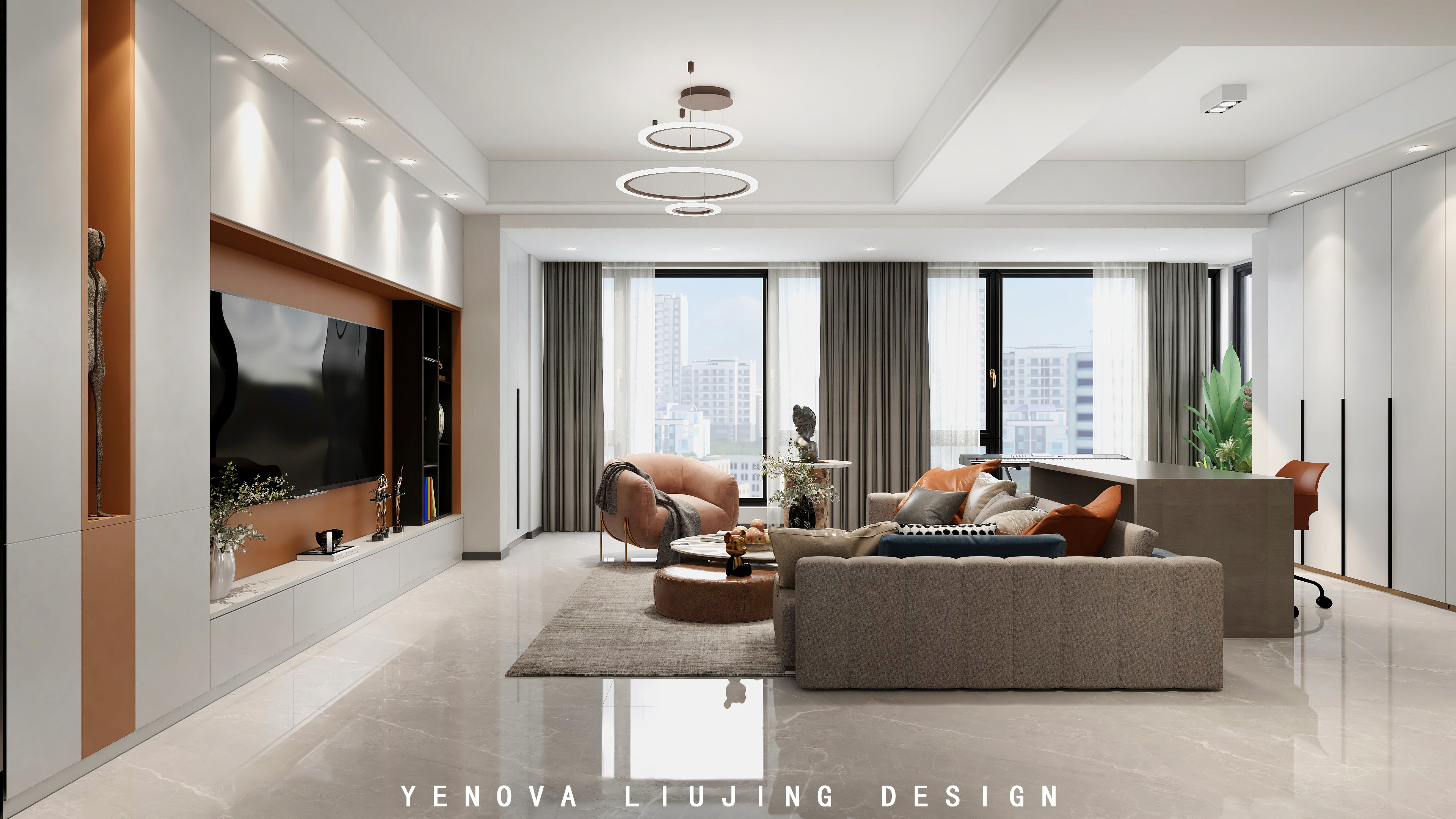 爱马仕橙装修小户型电视背景墙,爱马仕橙沙发怎样搭配茶几电视柜