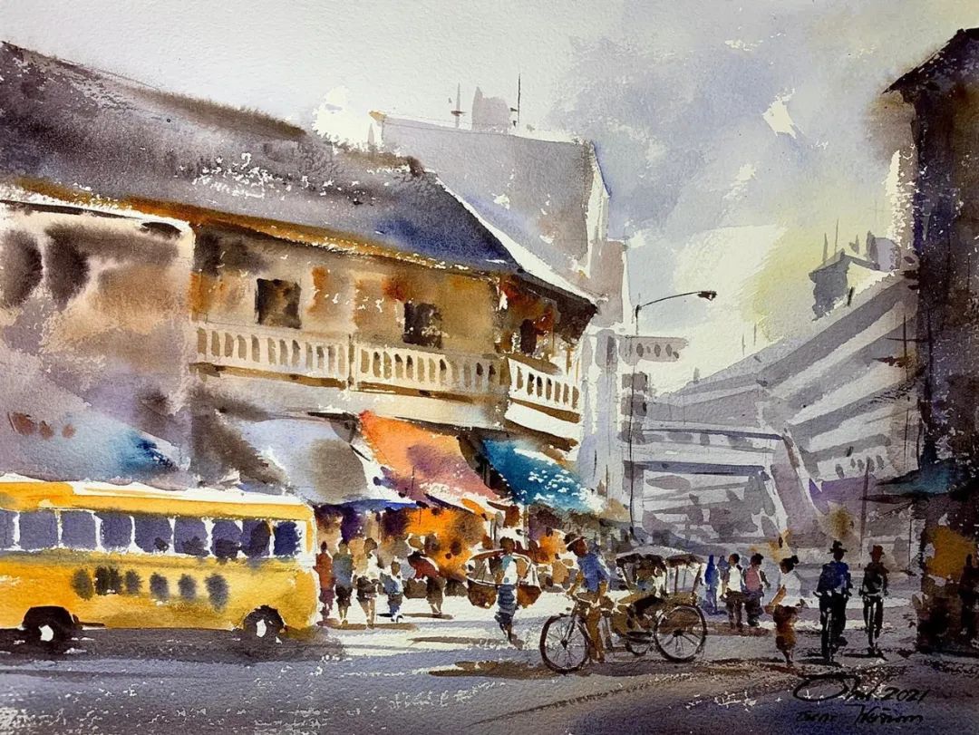 泰国水彩,泰国水彩画家绘画过程