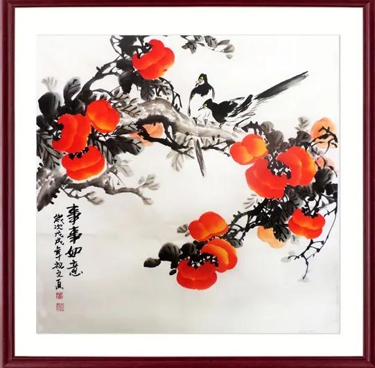 柿子喜鹊国画寓意,喜鹊柿子画寓意