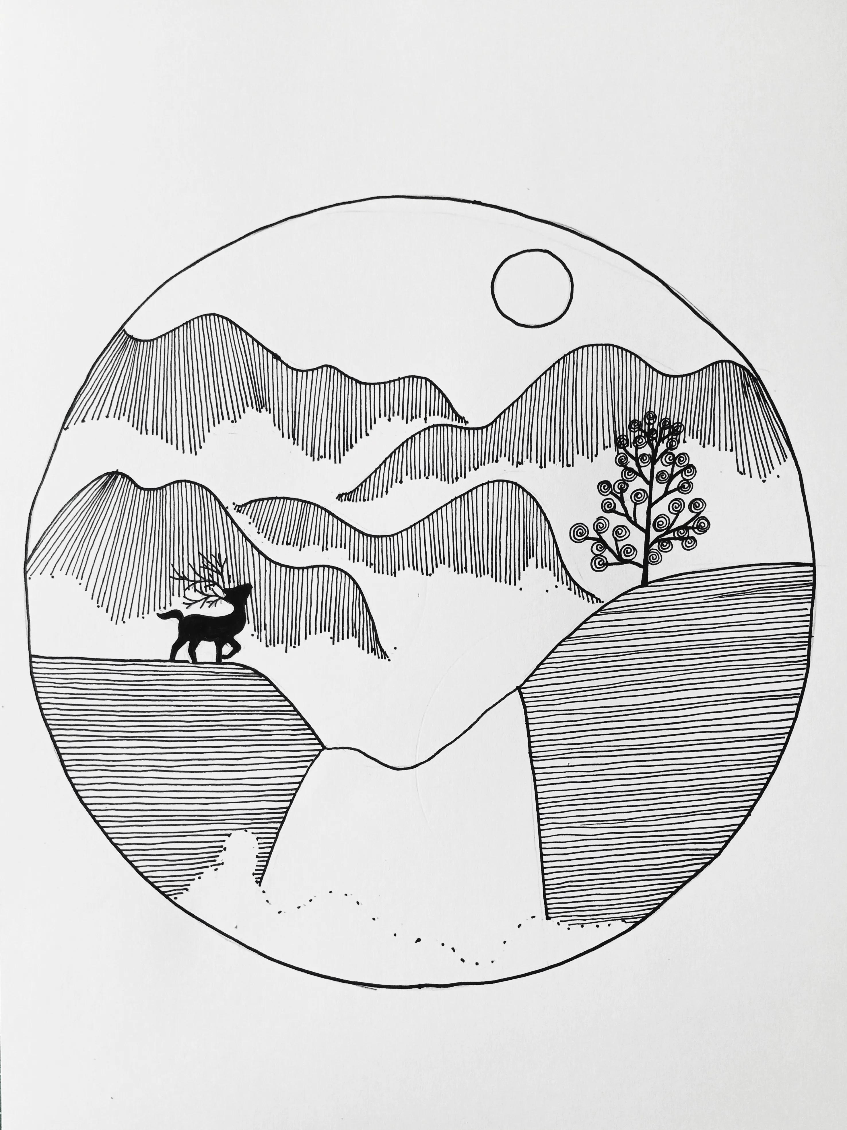 用线条勾画一幅风景画,勾线笔黑色线条风景画