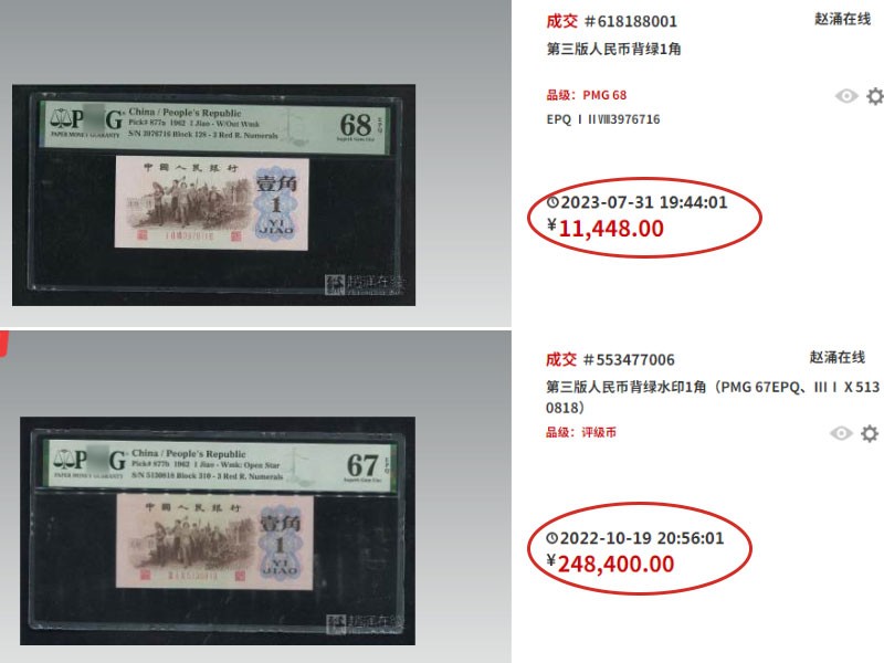 同样是绿的价格怎么差那么多,背绿一角和背绿水印一角的价格