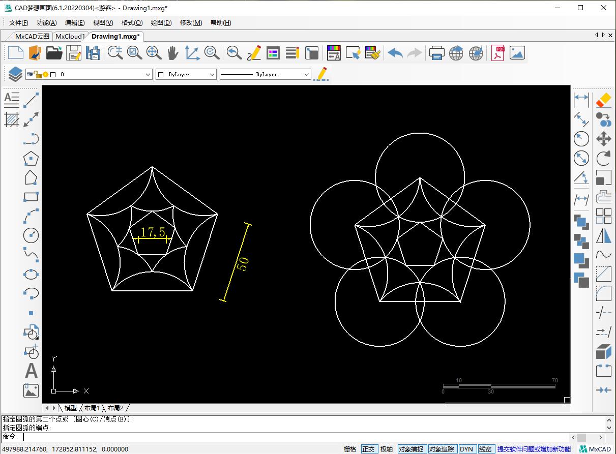 cad绘制圆弧与直线的练习,cad使用辅助线和圆弧命令画图