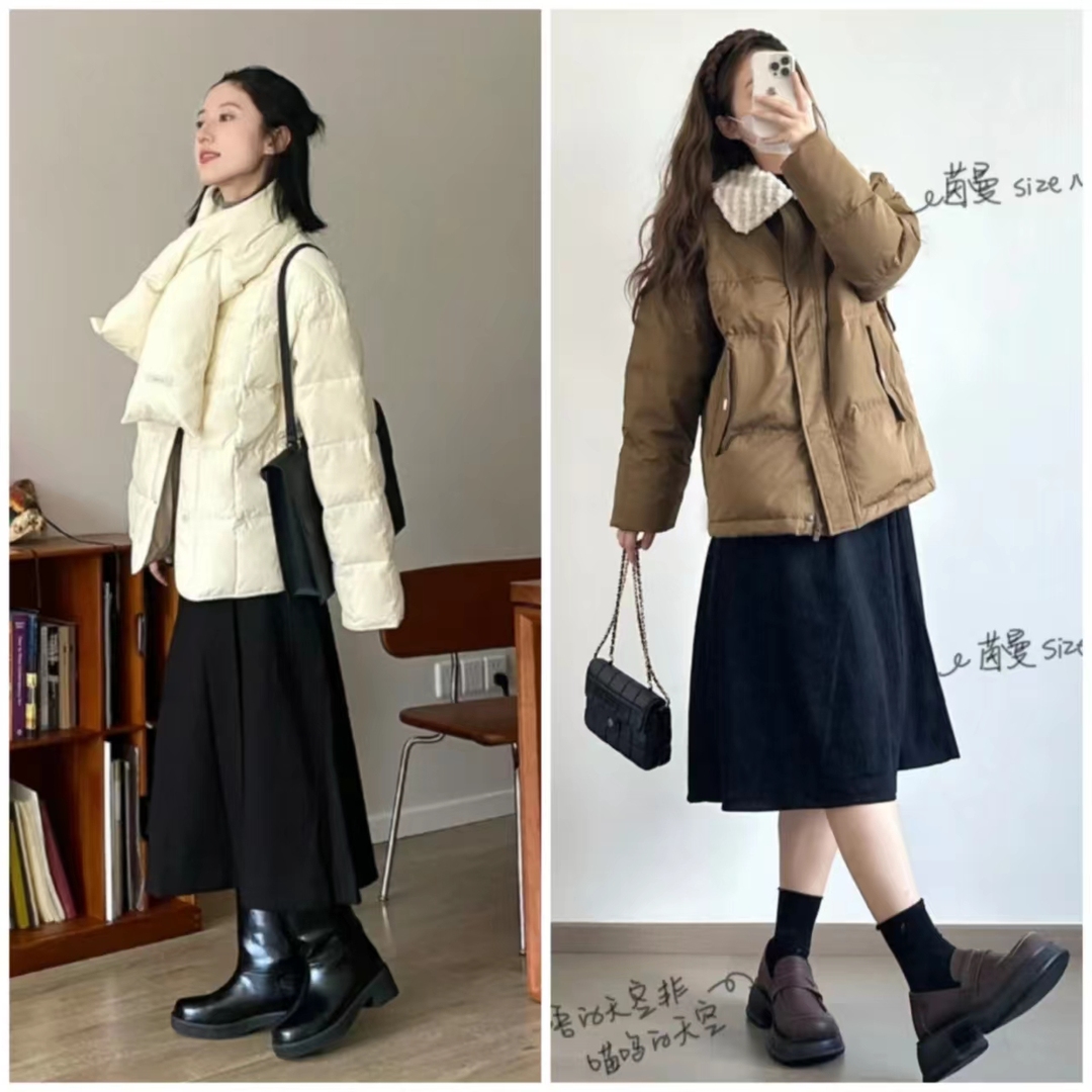 浅蓝色羽绒服怎样搭配黑色半身裙,短款白色羽绒服的最佳搭配半身裙