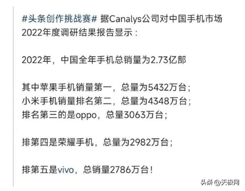 2022年苹果手机销量排行,苹果中国高端手机市场份额70%