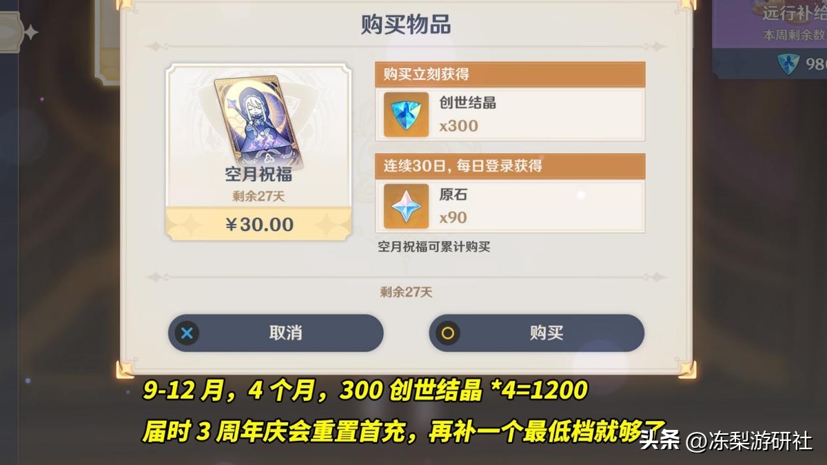 原神月卡第一次充给多少创世结晶,原神月卡可以用创世结晶购买吗