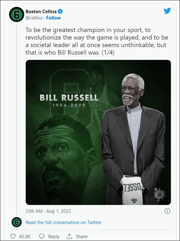 nba众球星致敬比尔拉塞尔,nba传奇巨星比尔拉塞尔逝世