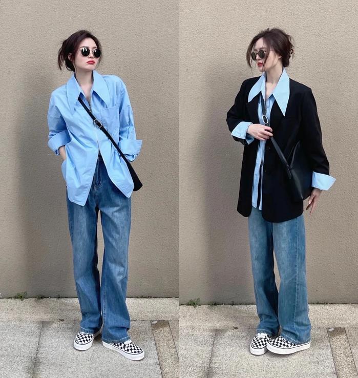 秋冬衬衫穿搭技巧,休闲修身衬衫春季搭配图