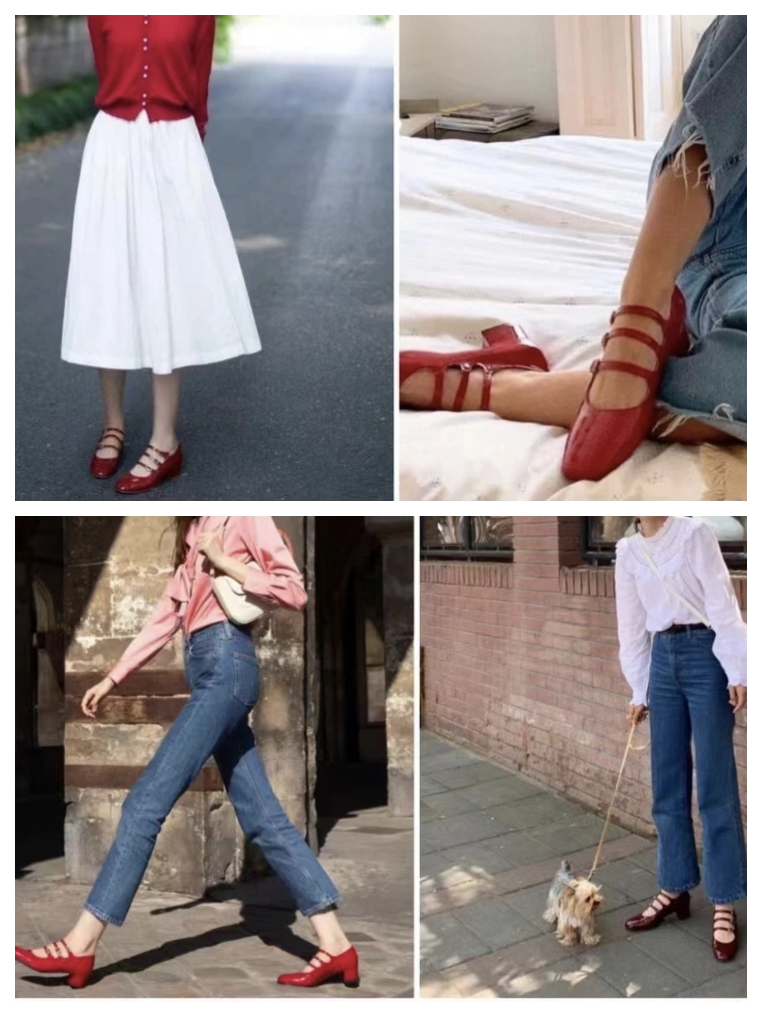 法式撞色玛丽珍鞋日常穿搭,红色玛丽珍鞋怎么搭配更高级
