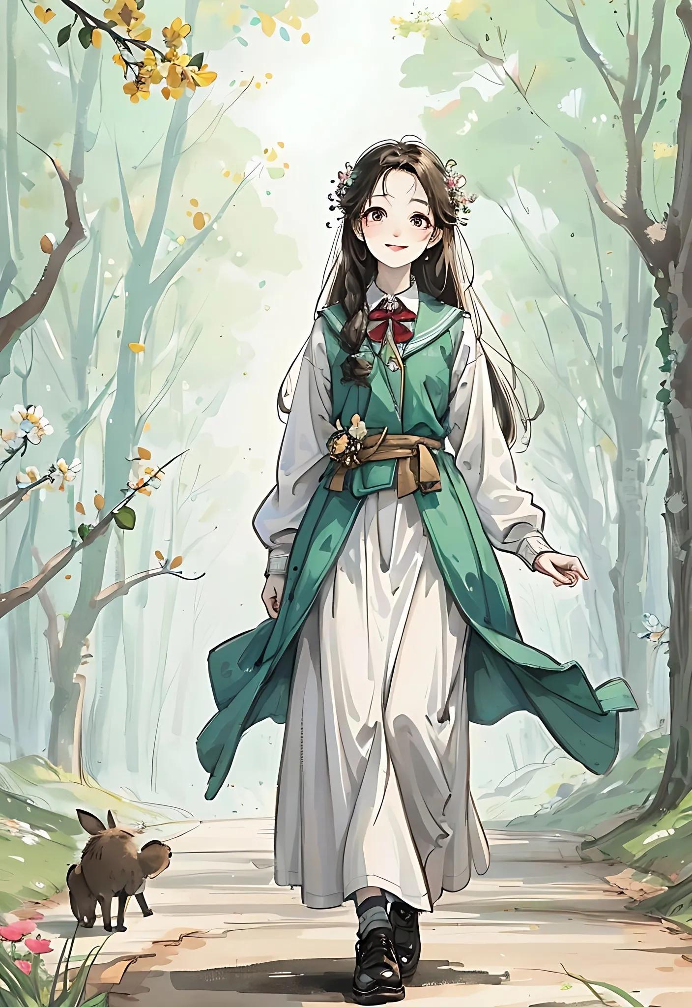 四月唯美插画,三月踏青插画