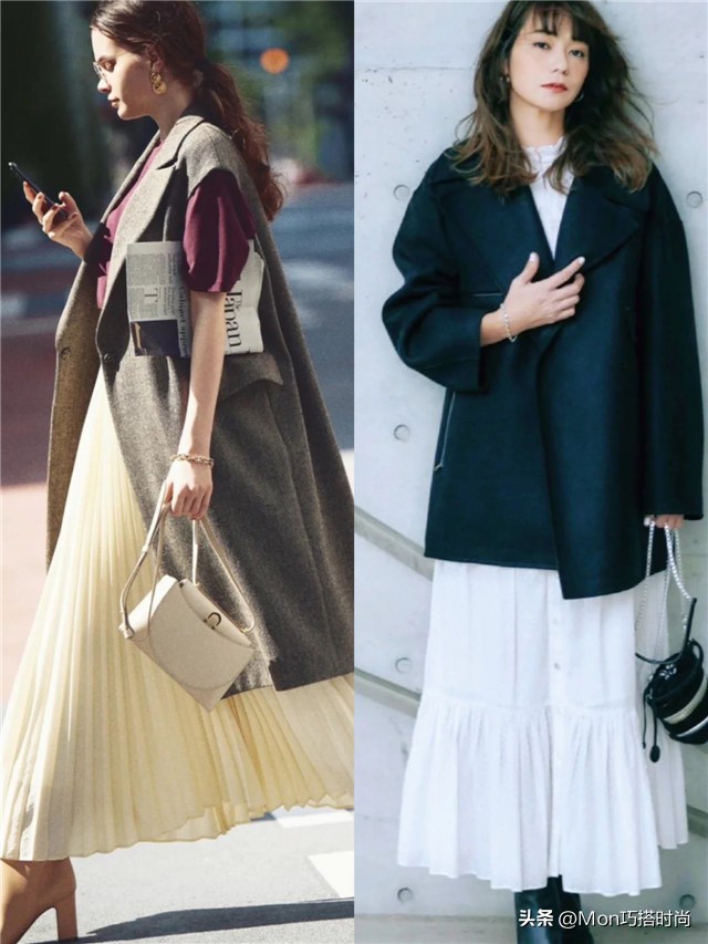 今年流行百褶裙搭大衣,中长款百褶裙搭配大衣