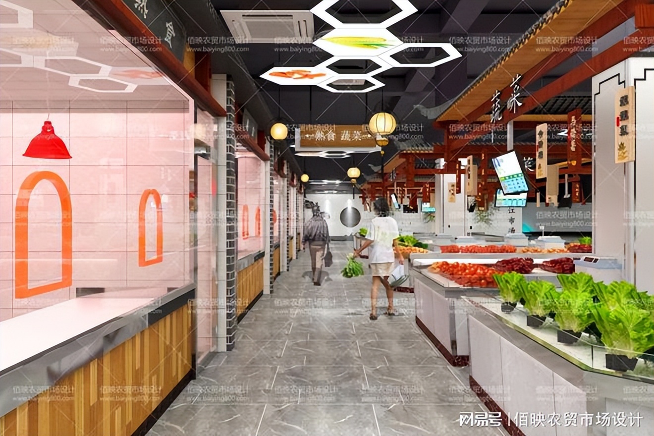 农贸市场水产摊位设计效果图,新型农贸市场鲜肉摊位设计