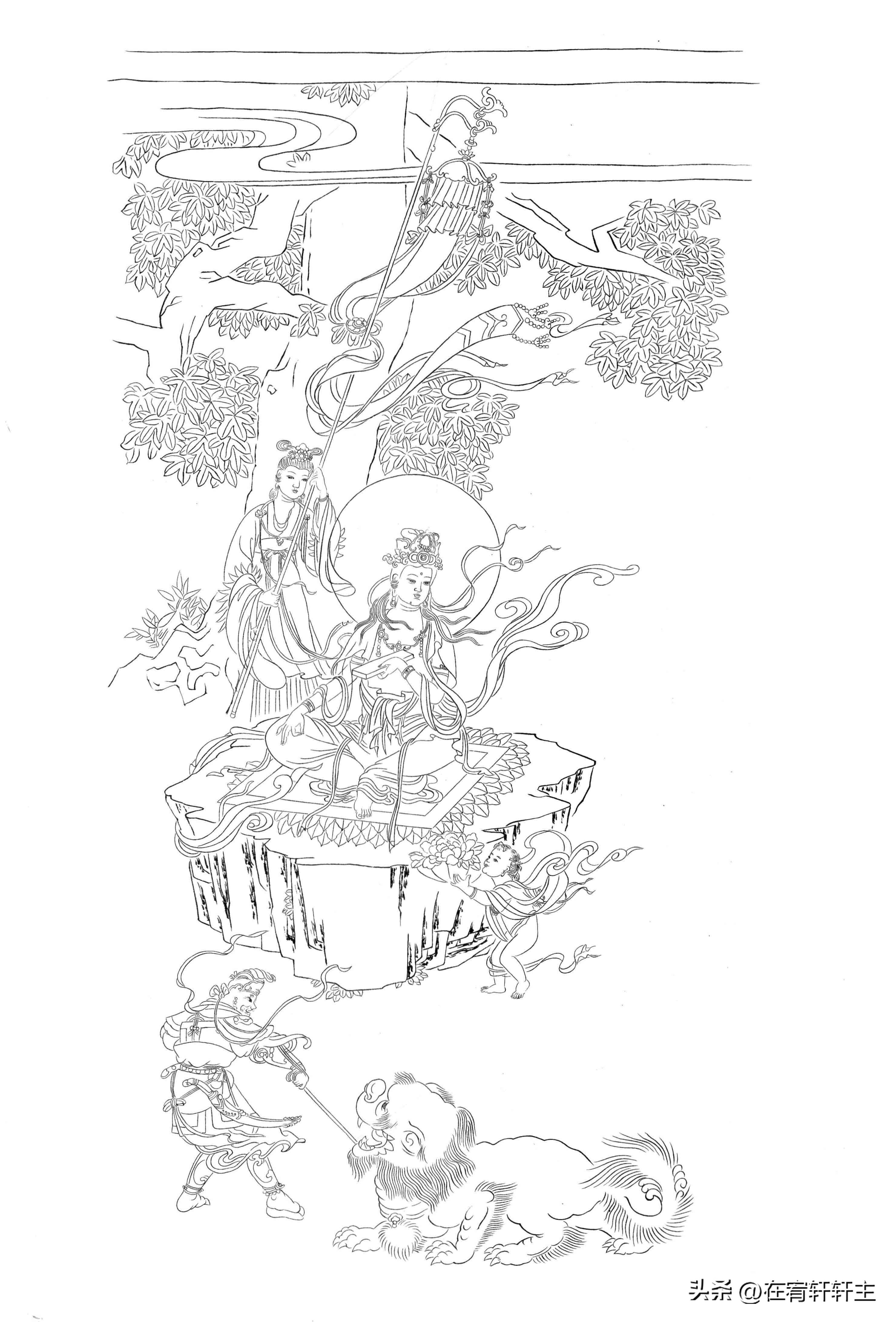 工笔白描观音苏柏斗,工笔画国画白描观音