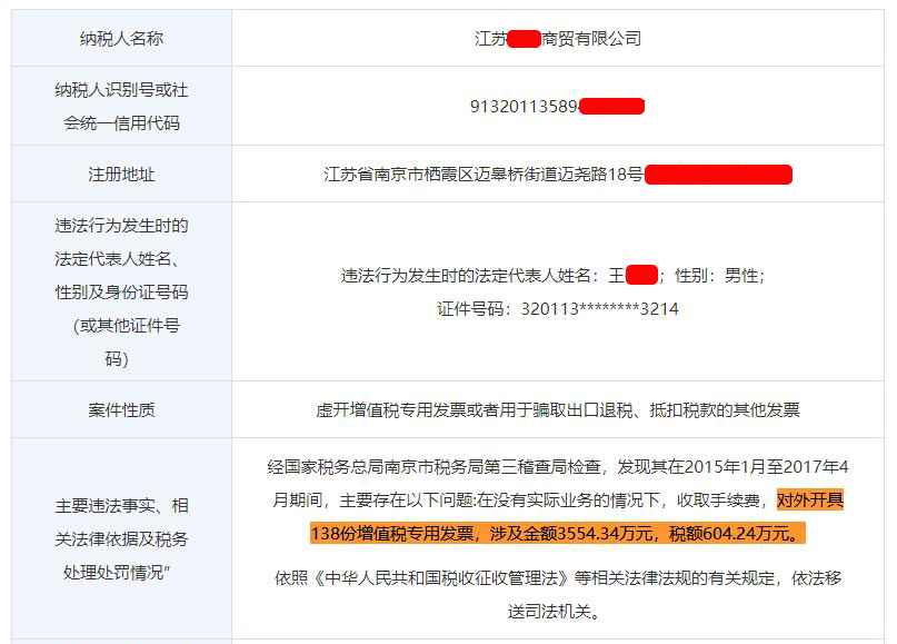 江苏某商贸公司无实际业务的情况下对外开具138份增值税专票被查