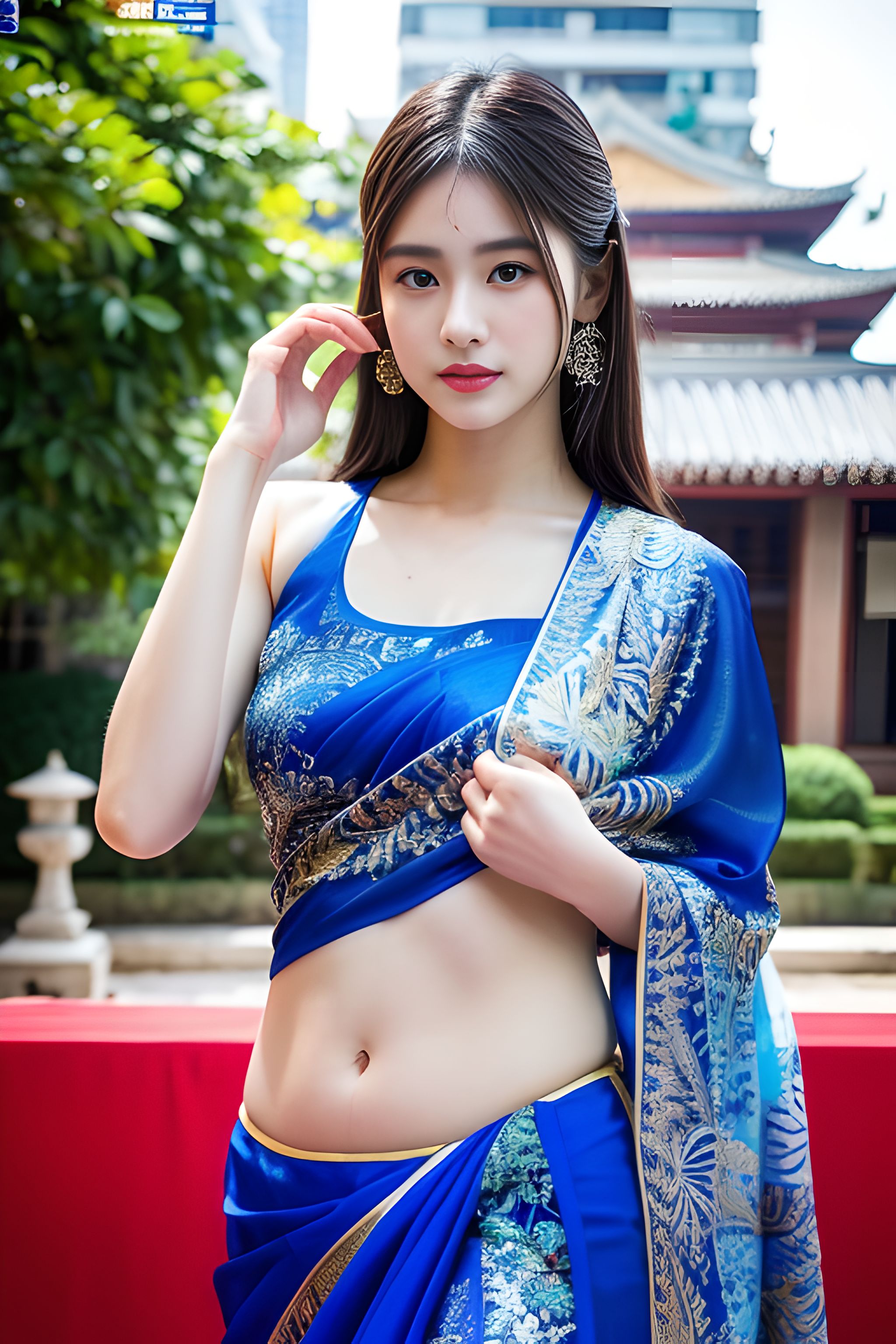 一袭青衣薄纱轻盈灵动,纱丽的穿衣搭配