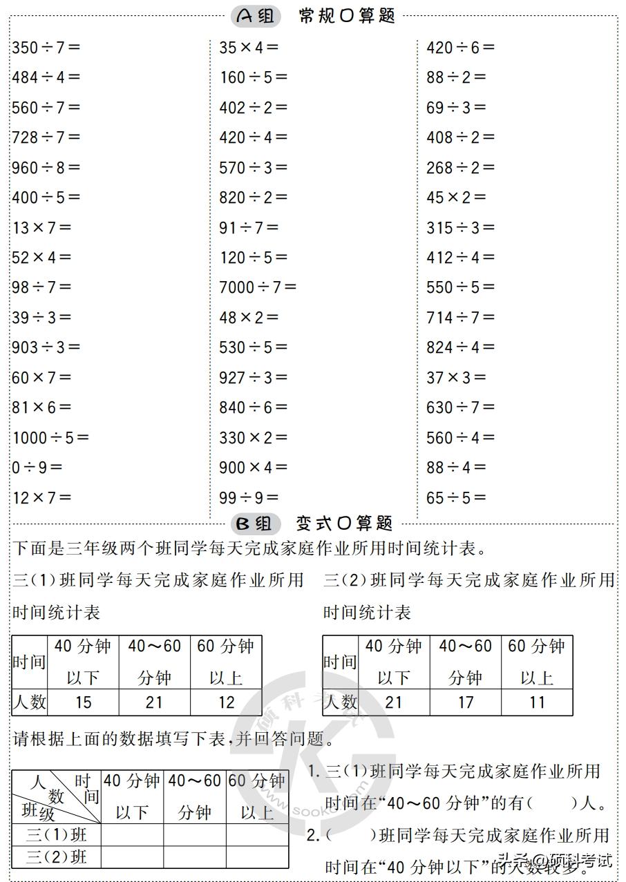小学暑假二升三数学口算练习,暑假小学数学1-6年级口算能力训练
