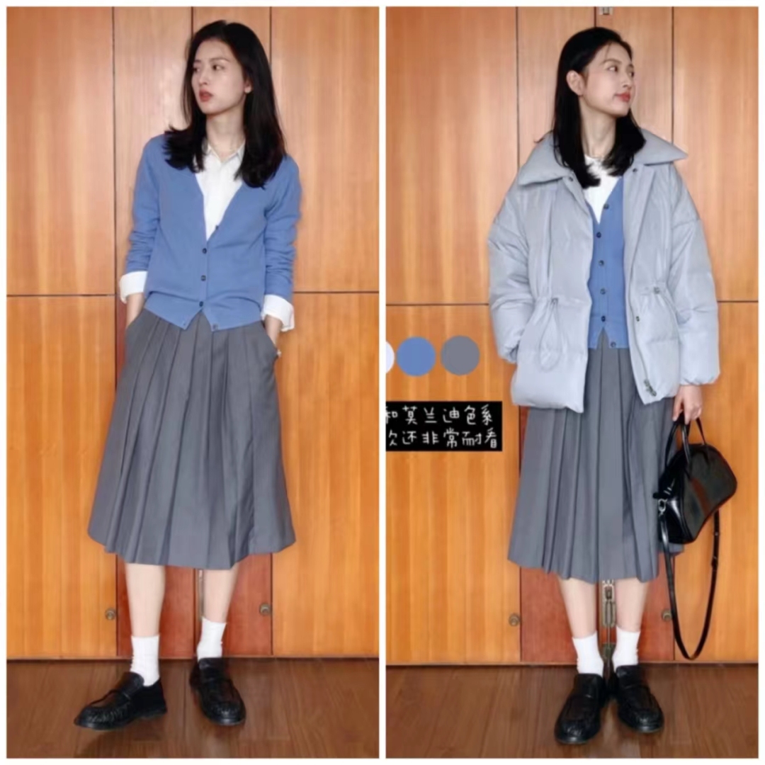 浅蓝色羽绒服怎样搭配黑色半身裙,短款白色羽绒服的最佳搭配半身裙