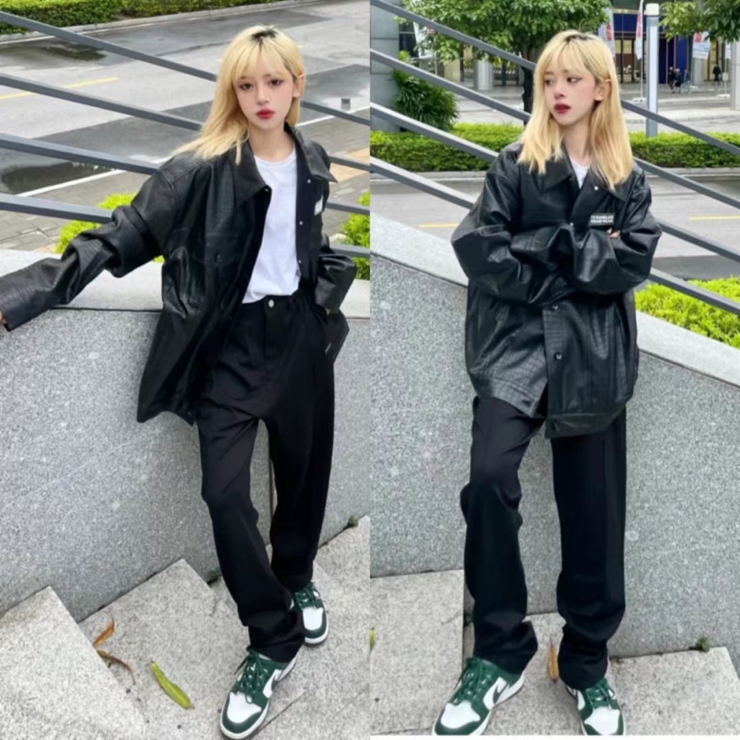 秋冬黑色宽松皮衣两件套,40-50岁洋气皮衣套装