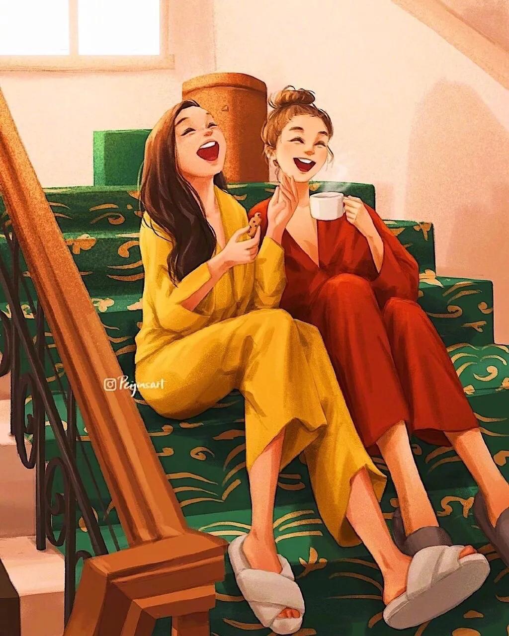 「治愈插画头像」姐妹成队快乐加倍