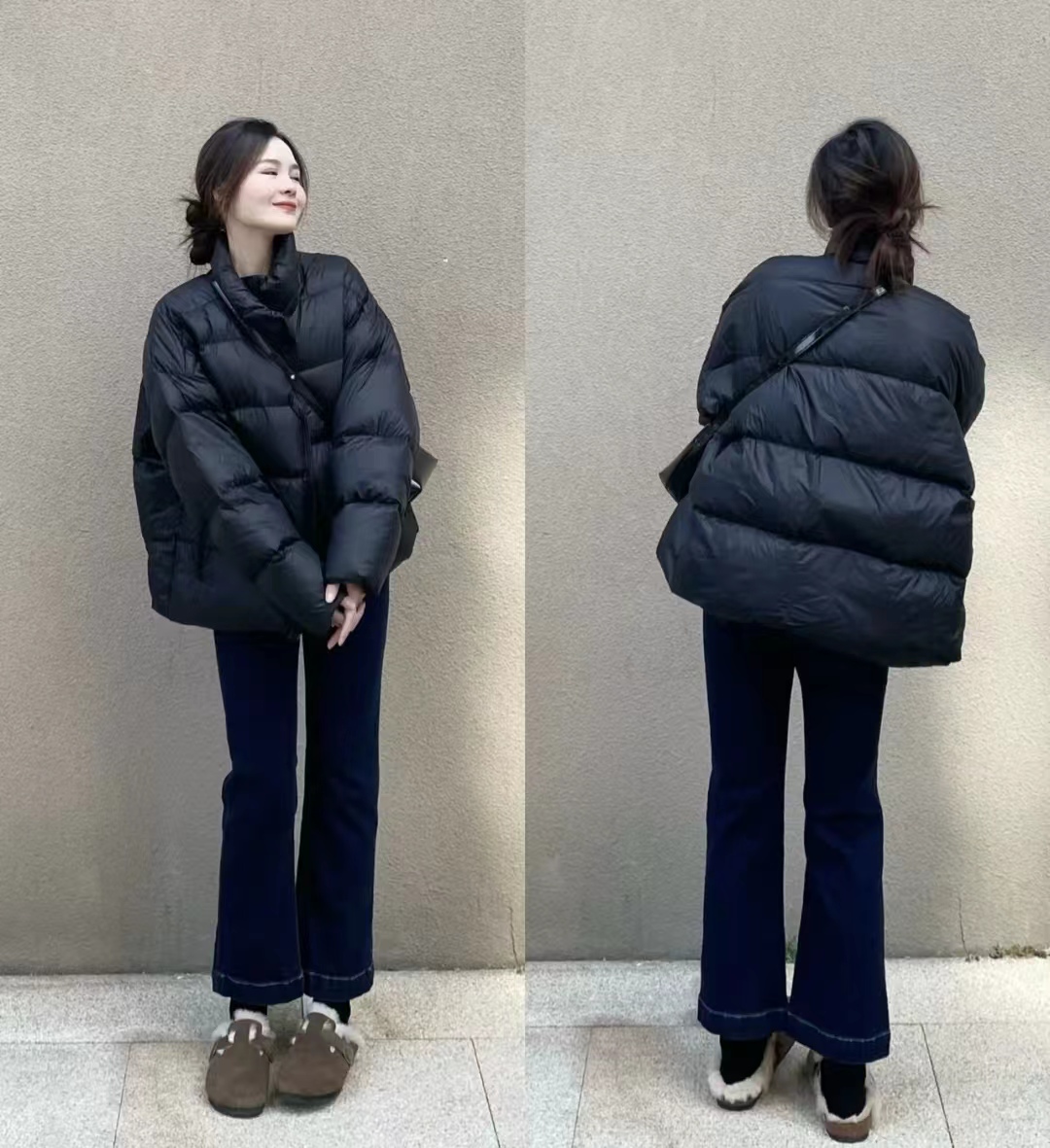 19冬羽绒服穿搭,韩款黑色羽绒服搭棕色长靴