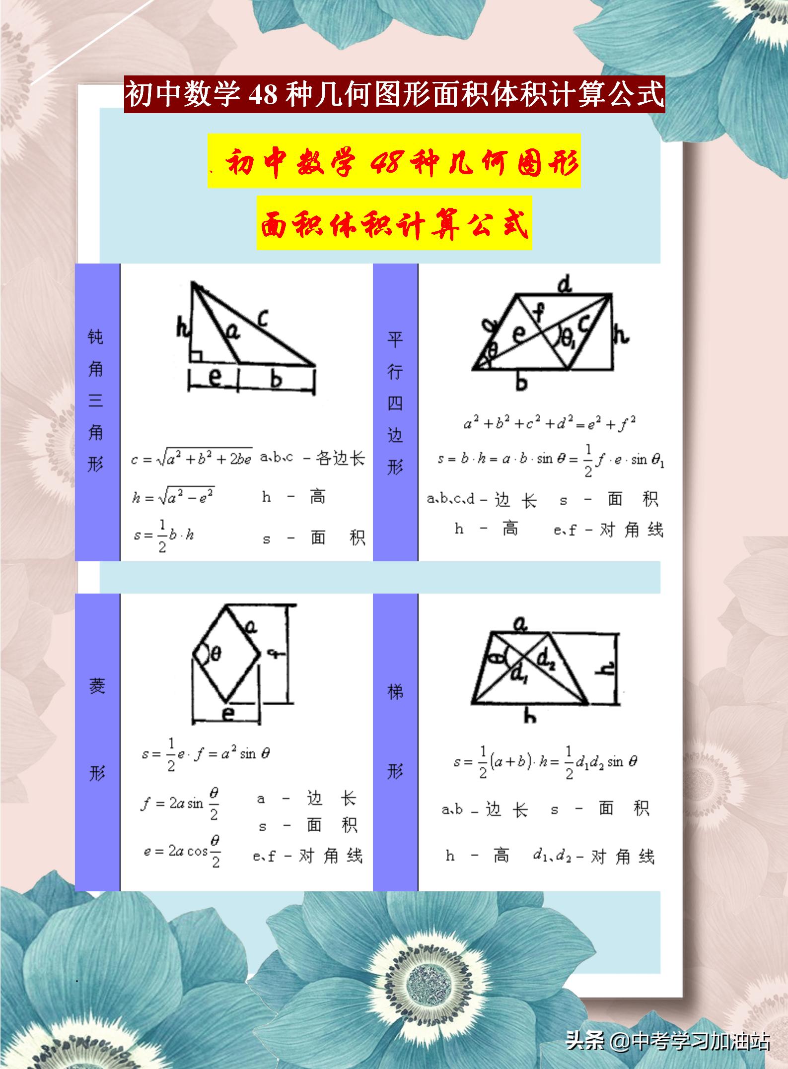 初中几何面积体积公式大全,初中数学各种图形的面积公式